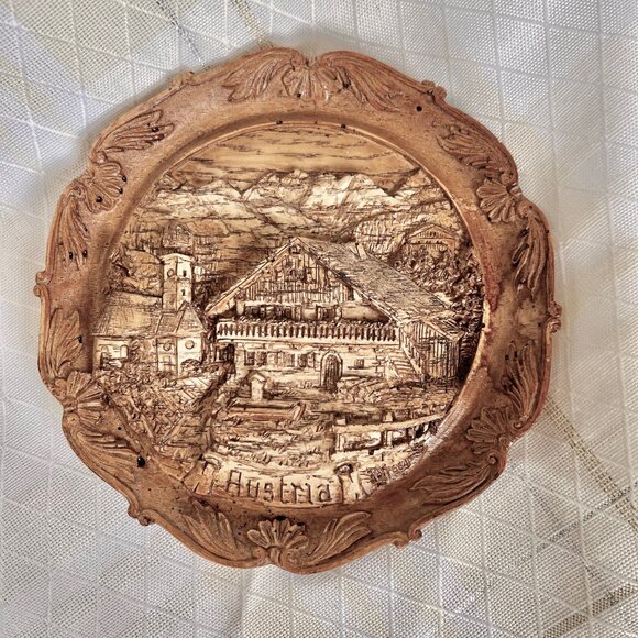 Vintage Austrian 3D Plate Decor Faux Wood Carved Resin Pottery Wall Decor